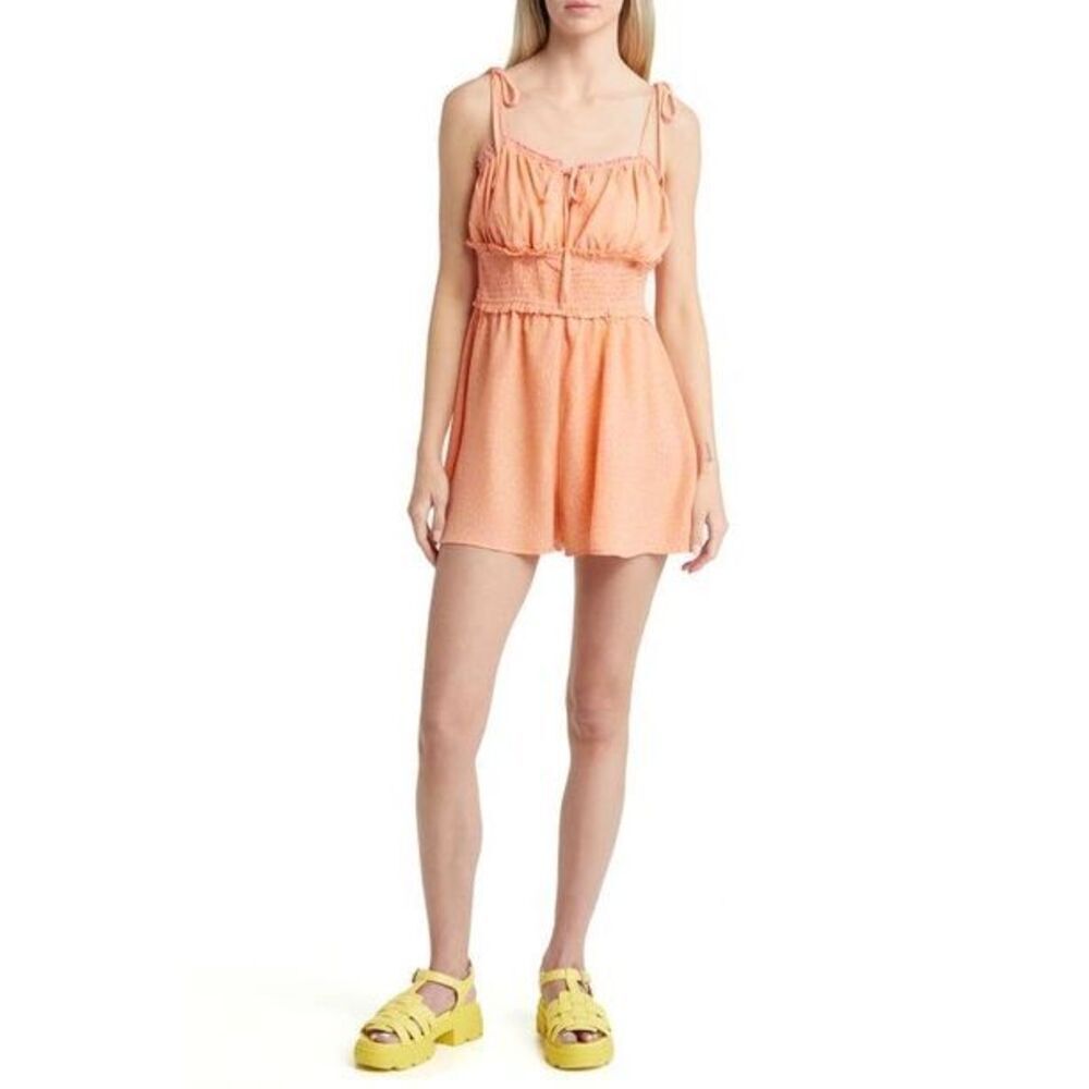 NEW BP. Smocked Tie Shoulder Romper In Pink Orange small